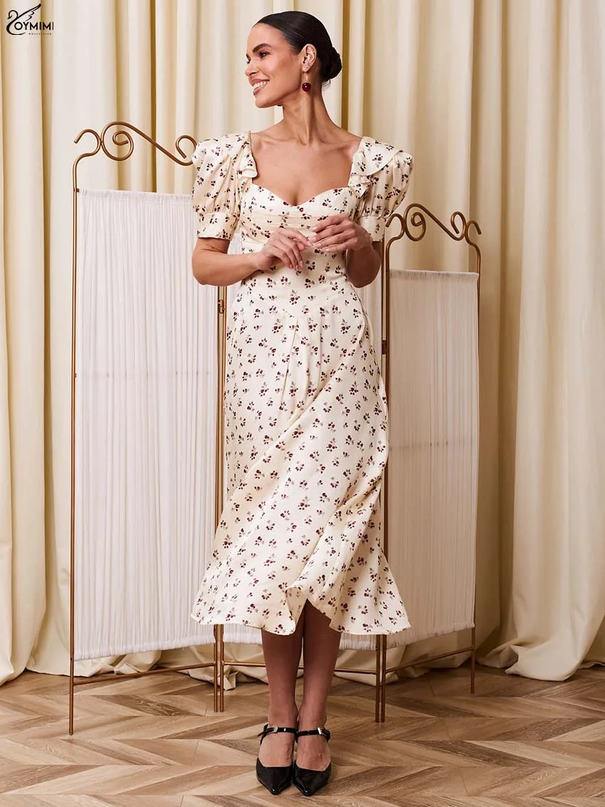 ชุดเดรสผ้าซาตินสีเหลืองสำหรับผู้หญิง แบรนด์ Oymimi ดีไซน์หรูหรา คอเหลี่ยม เอวสูง แขนสั้น สไตล์ลำลอง ทรงหลวม ความยาวระดับกลางน่อง