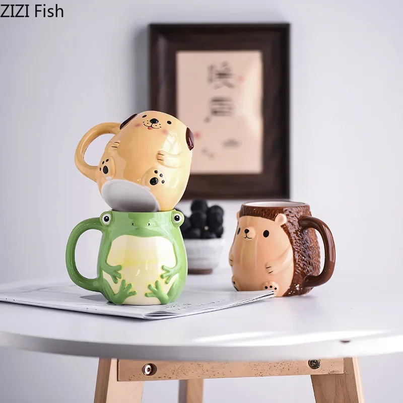 Cartoon Animal Cup Three-dimensional Ceramic Mug Coffee Mug Frog Hedgehog Cute Children's Breakfast Cup Christmas Gifts view 2