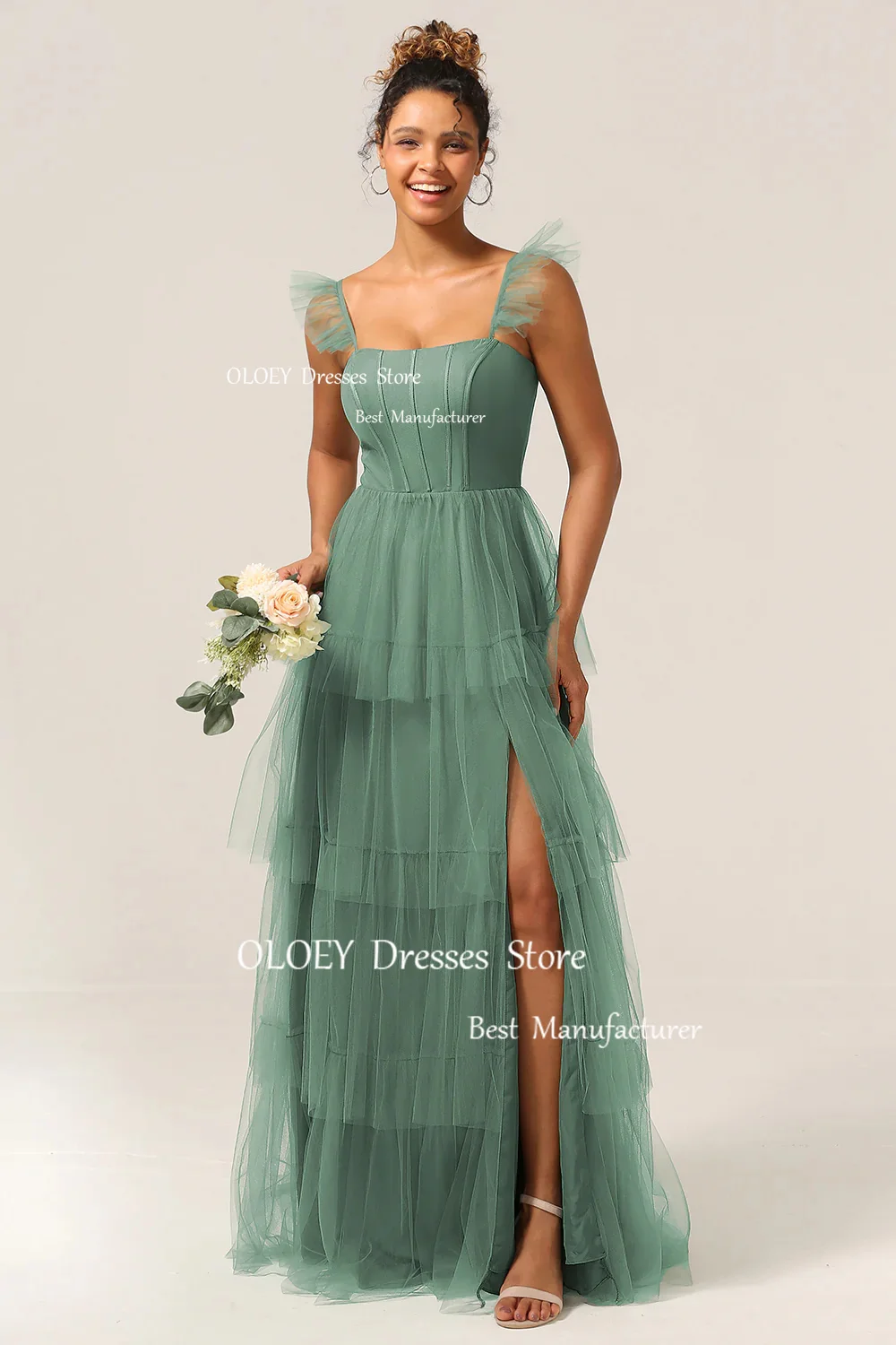 OLOEY Elegant Strapless Green Prom Dress Tiered Silky Organza Photoshoot Wedding Party Dress Floor length Performance Dress