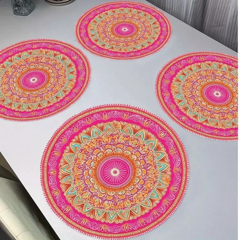 VIKAMA Rose Pink Contrasting Mandala Patterned Placemat Insulation Table Mat Bohemian Ethnic Style Dining Table Decoration