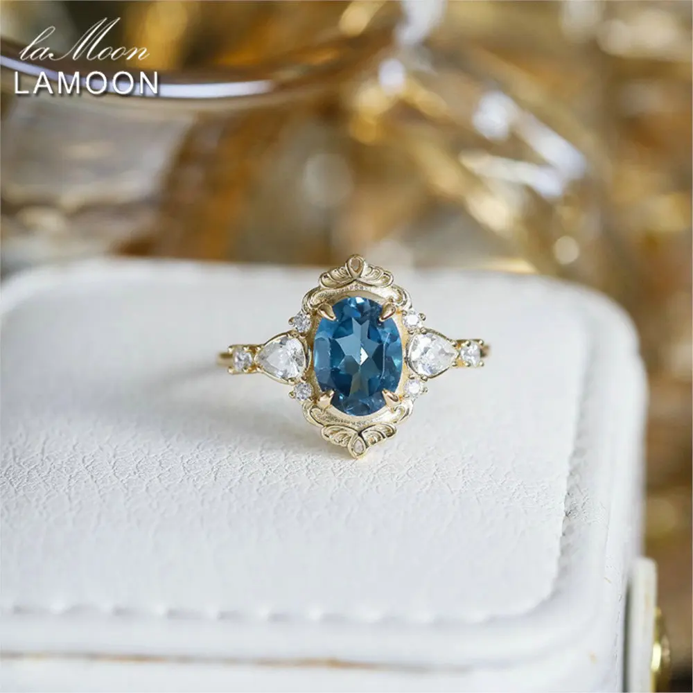

LAMOON Vintage Court Style Blue Topaz Ring For Women Exqusite 925 Sterling Silver 14k Gold Plated Fine Jewelry Party Gift