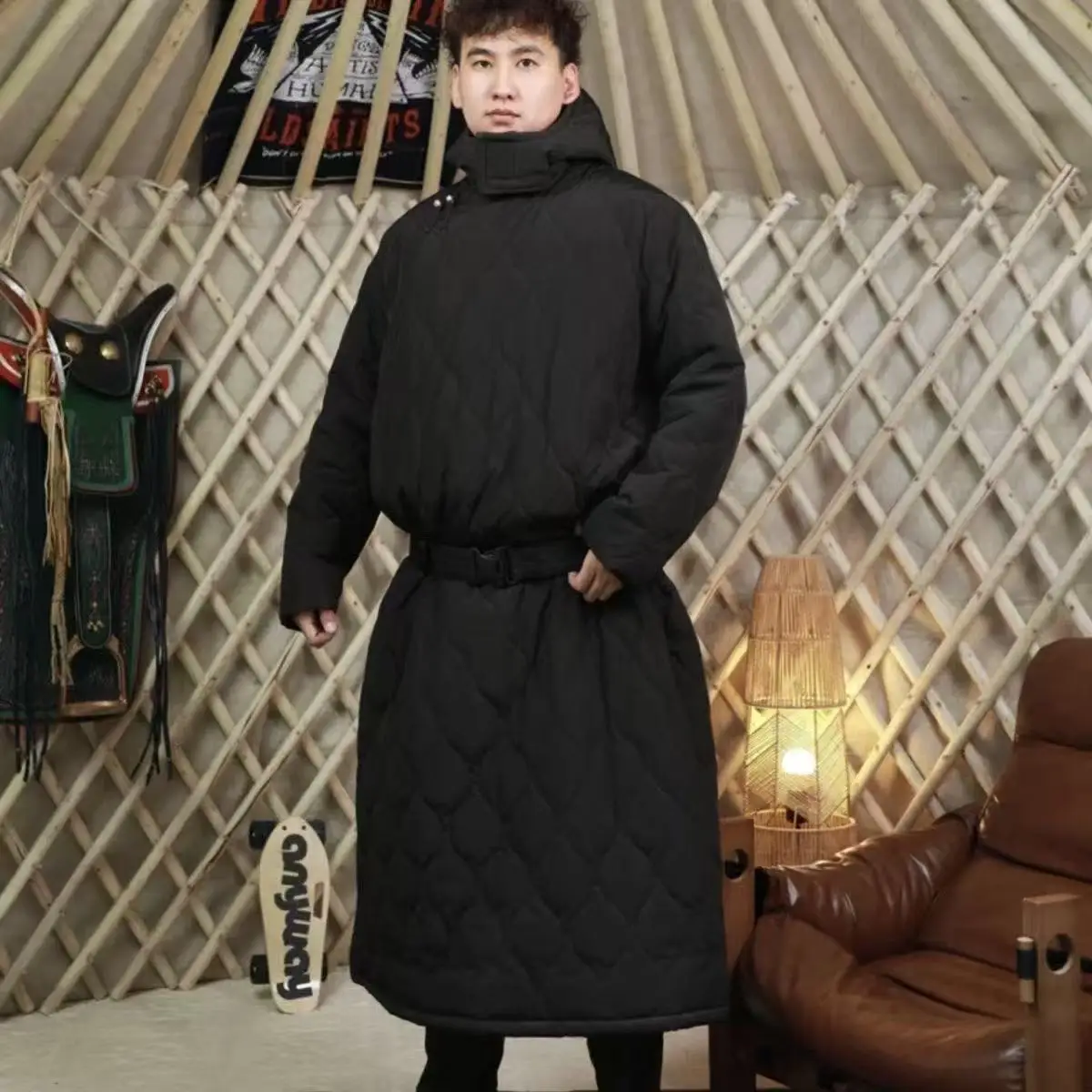 2025 Winter National Style Hooded Coat Mens Traditional Mongolian Overcoat Winter Thicken Cotton Over-knee Windbreaker Long Robe