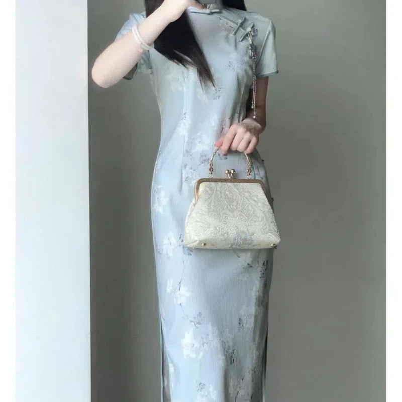New Chinese Style Cheongsam Dresses Female Summer 2024 New Pattern Waist Temperament Short Sleeve Stand Collar Women\'s Clothing