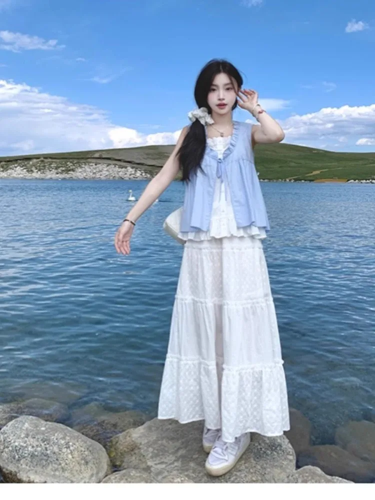 

Summer Baby Light Milk Blue Doll irt Women's Design Sense Fake Two-Piece Wooden Sweet Sle Svel Blouse