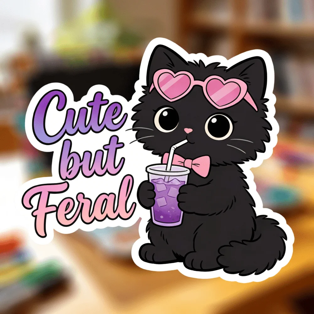 1pc Cute Yet Wild Black Cat Laptop Stickers - Fun and Sexy Kittens Wearing Heart-shaped Sunglasses and Purple Beverage Stickers