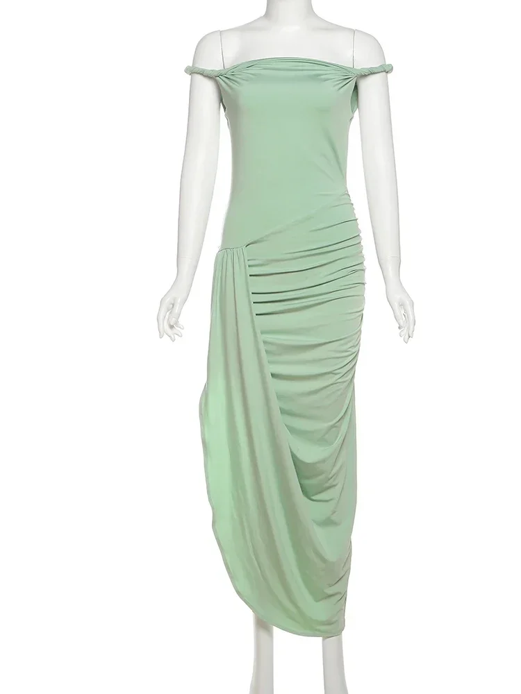 فستان Chaxiaoa غير منتظم مُزين بقطع القماش للنساء مثير برقبة مائلة وفتحة جانبية أنيق وضيق ومطاط للصيف نحيل ماكسي Bodycon