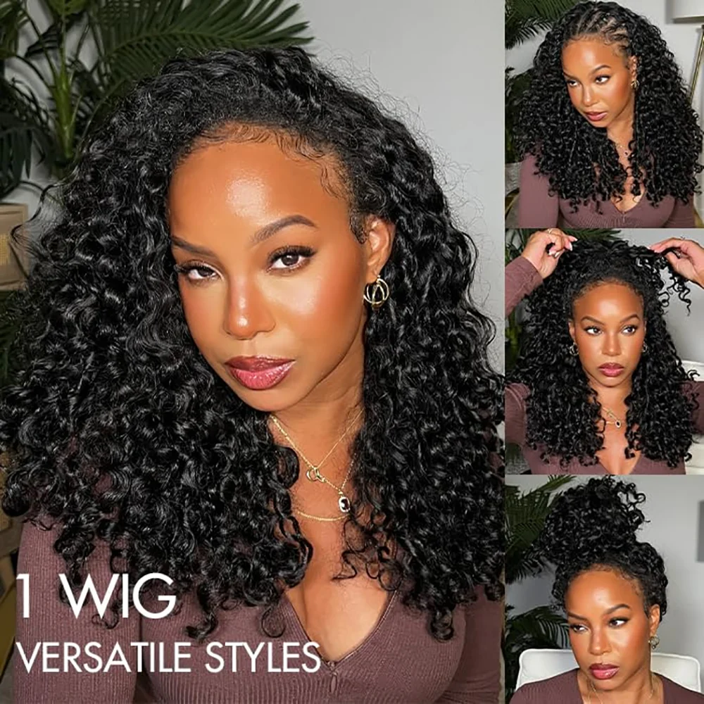 Burmese Curly Half Wig Human Hair 250% Density Full Machine Wigs Put on and Go Wigs with Drawstring 3 In 1 Flip Over Headband Wig for Women Beginner Friendly