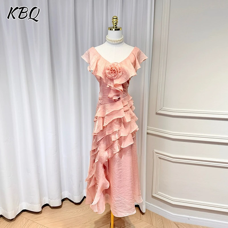 

KBQ Solid Spliced Ruffles Tunic Dresses for Women V Enck Sleeveless High Waist Patchwork Appliques chic Dress Female Fashion New