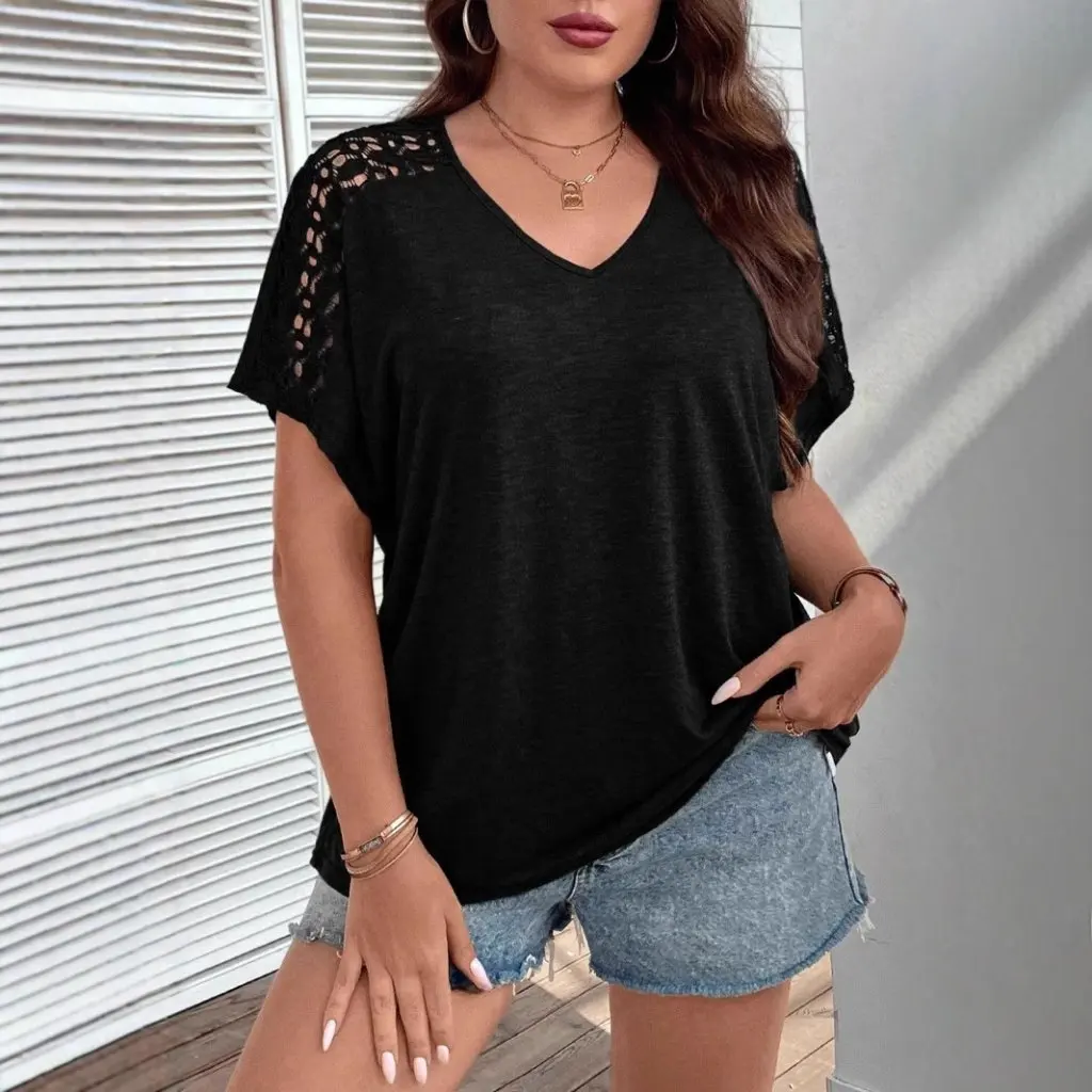 

Summer Women's Casual Fashion T-shirt Shoulder Hollow Stitching Short-Sleeved Loose Top European American Style New