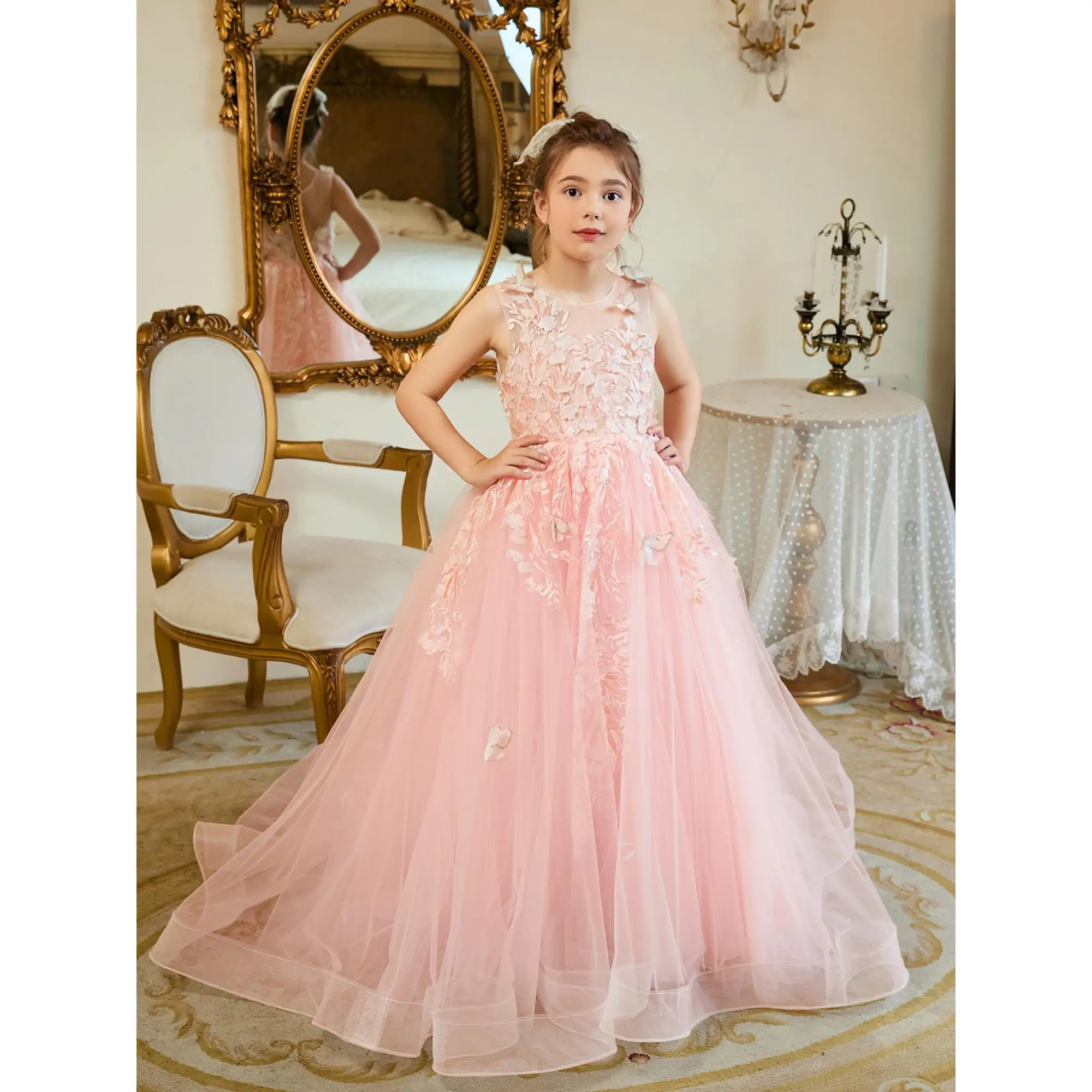 

BABYONLINE Ball-gown Flower Girl Dress Princess Sleeveless Lace Tulle Toddler Girl New Dresses Pageant Girls Birthday Dresses