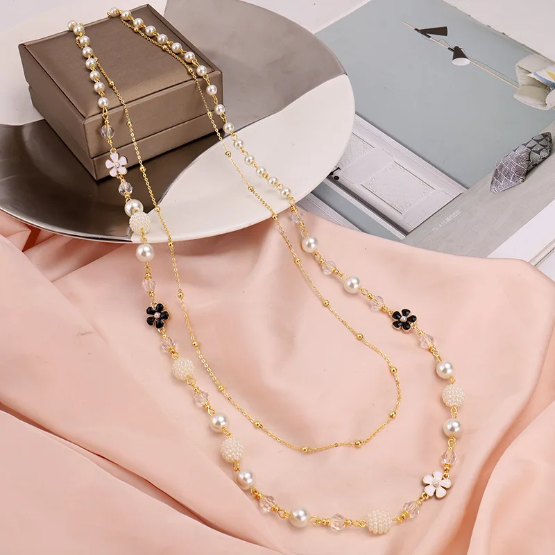 Women Men Fashion Classic Pearl Flower Long Sweater Necklace Elegant Lady Wedding Party High-end 5 Number Chains Jewelry