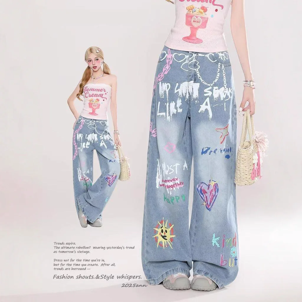 

Fun fiti Print High Waist Slim Fit Women's Jeans Casual Versatile Slimming Hip Hop Sweet Girl Curved Knife Pants
