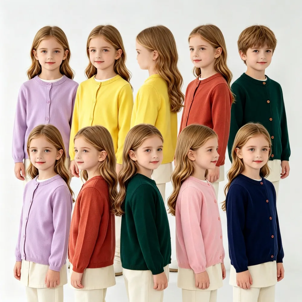 Boys Girls Solid Color Long Sleeve Knit Cardigan Round Neck Button Sweater Kids Lightweight Daily & School Outer Coat