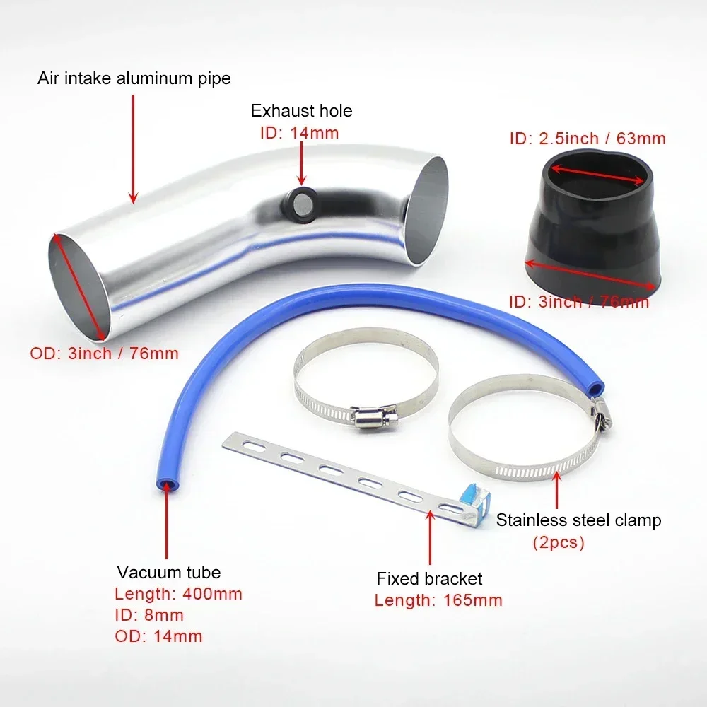 Sistema di aspirazione aria fredda universale da 76 mm per auto da corsa Kit tubo per tubo di induzione turbo in alluminio con ingresso filtro aria a cono