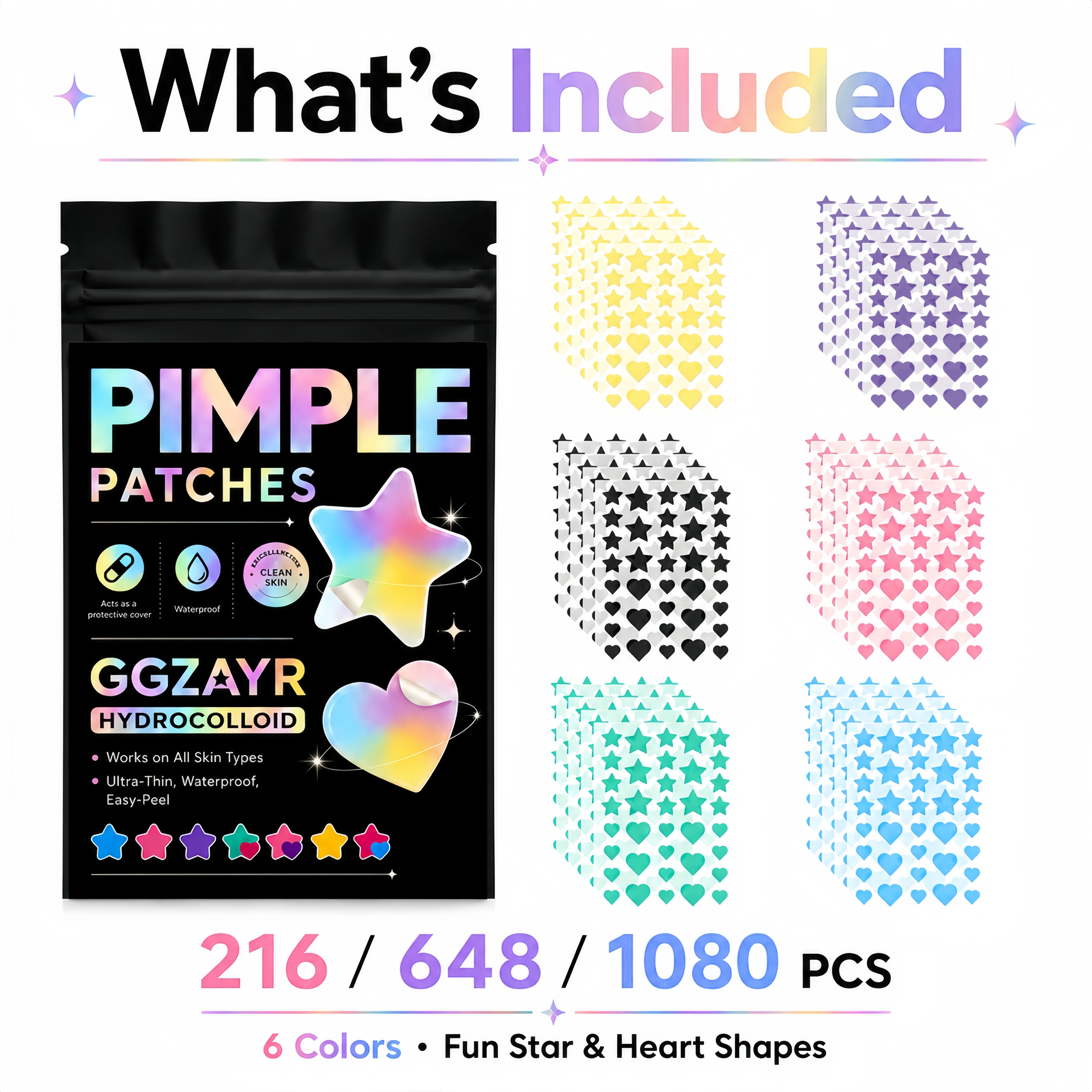 216/648/1080PCS Colorful Star Heart Face Patches, 6 Colors Cute Pimple Stickers, Hydrocolloid Beauty Patches for Daily Use view 6