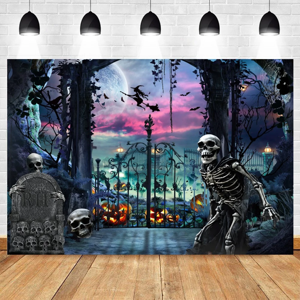 Horror Skeleton Cemetery Tombstone Backdrop Full Moon Halloween Night Party Family Children Portrait Photography Background