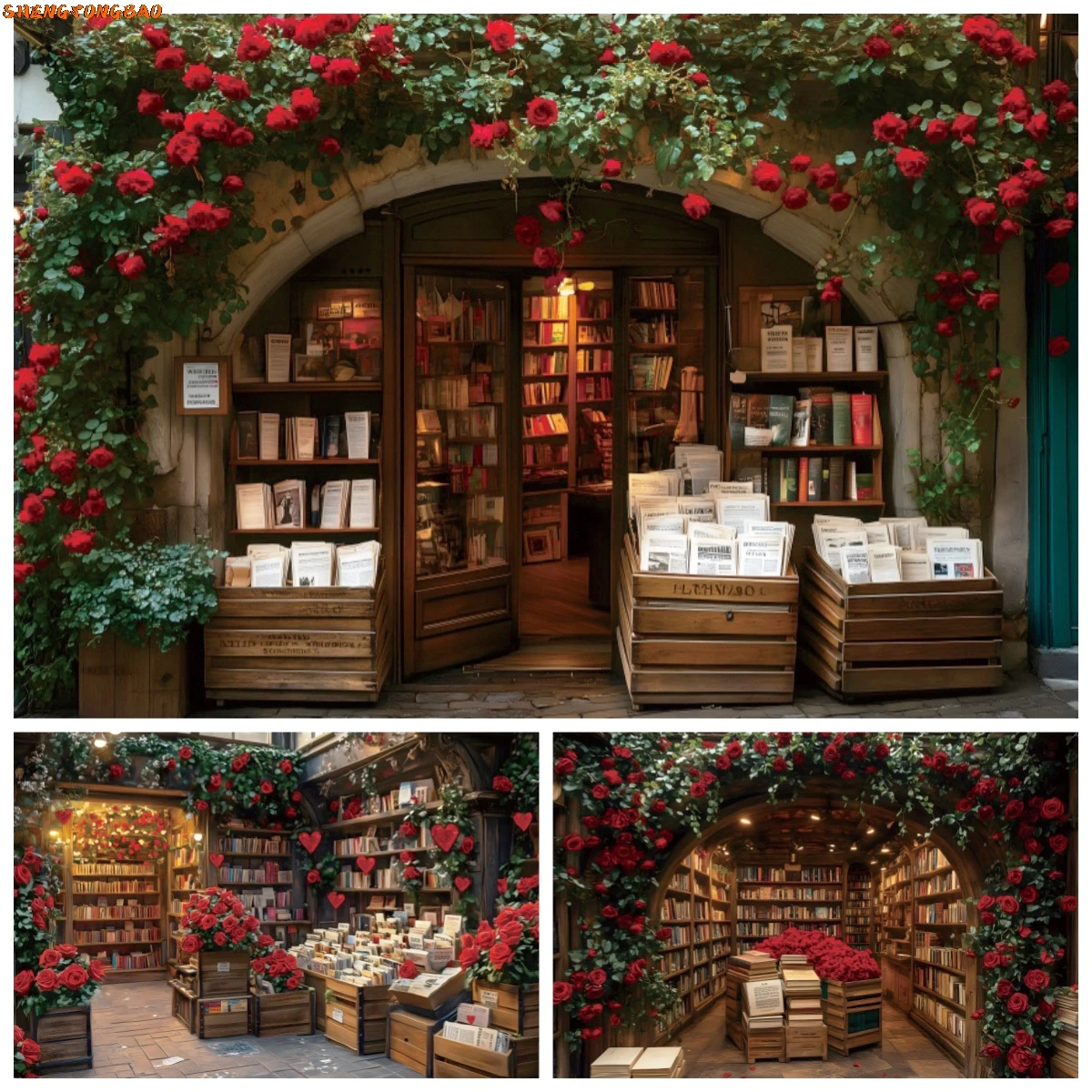 

Vintage Bookstore Photography Backdrop Romantic Valentine's Day Red Roses Flower Wall Decoration Art Portrait Photo Background