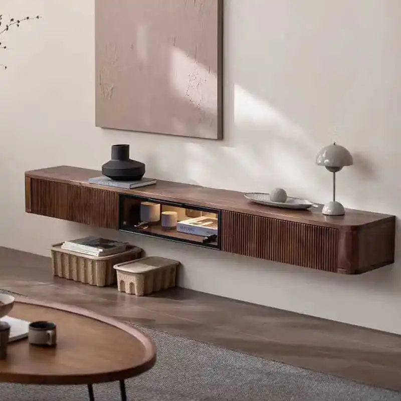 modern simple small apartment living room light luxury North American black walnut solid wood cabinet wall hanging household