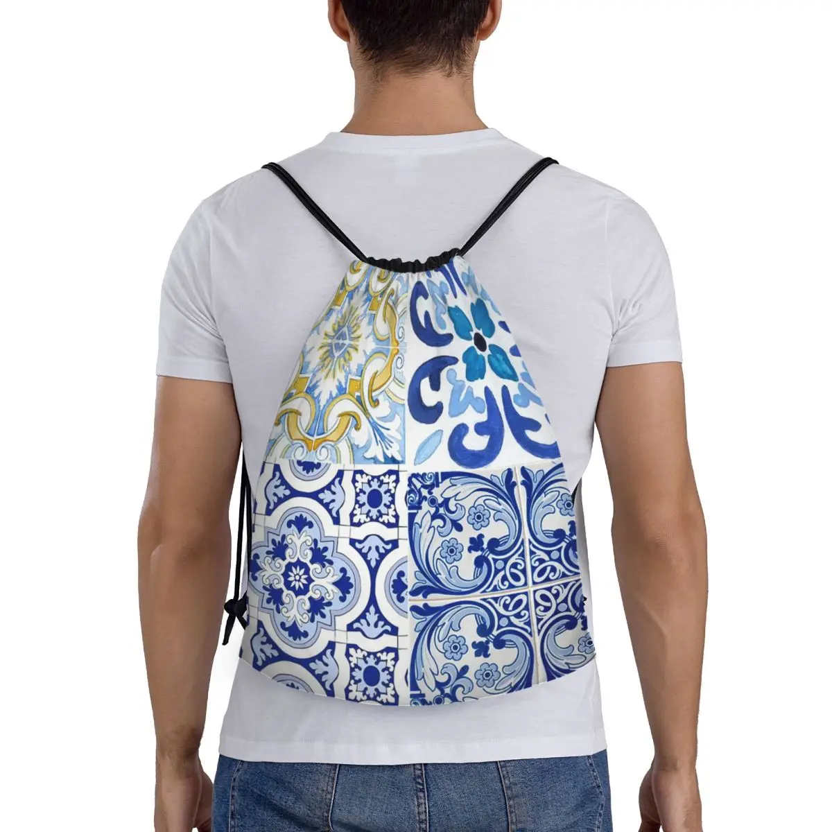 

Sicilian Tiles,mediterranean,mosaic,lemons Backpacks Casual Drawstring Bundle Pocket Sports Bag Book Bags For Travel School