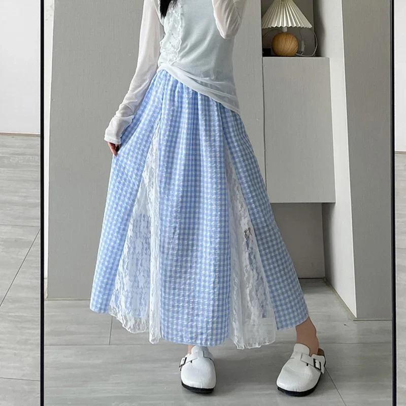 Korean Lace Patchwork Plaid Skirts Women Summer Sweet High Waist A Line Skirt Woman 2025 Fashion Pleated Loose Long Skirts Mujer