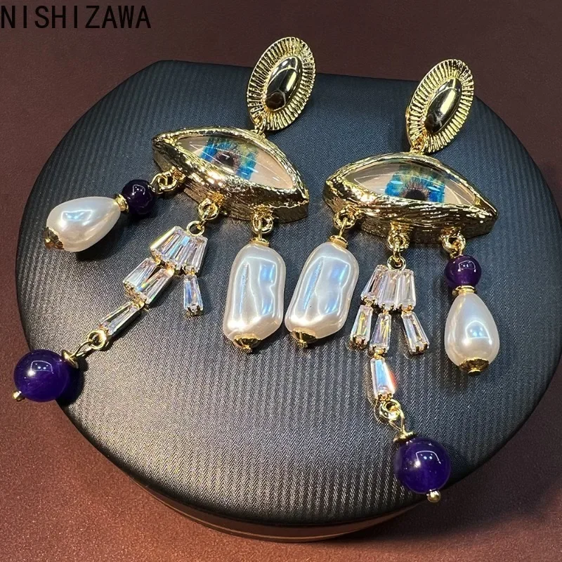 

NISHIZAWA Hyperbole Eye Earrings for Women Long Tassels Palace Style Vintage Jewelry Pearls Fashion Pendientes Mujer