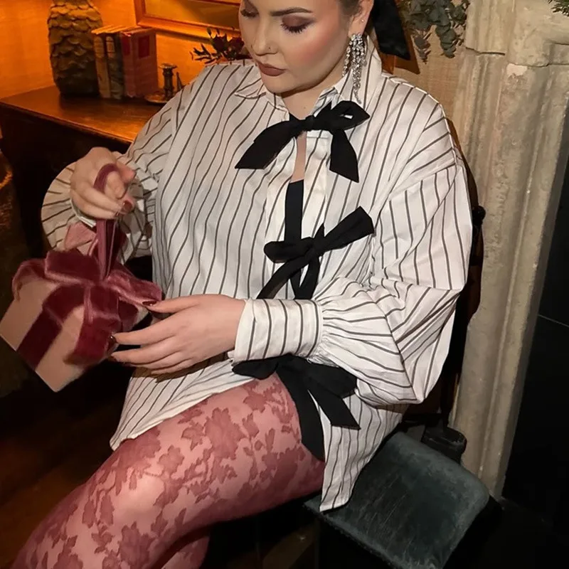 Talenza Women Striped Shirt Fashion Lapel Long Sleeve Hollow Bow Lace-up Cardigan Top 2025 New Chic High Street Printed Blouses