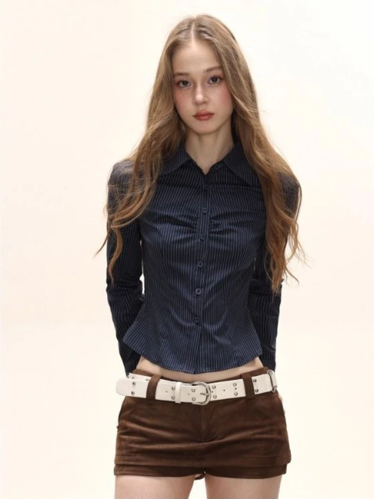 Deeptown Blue Striped Crop Shirts Women Vintage Elegant Long Sleeve American Style Blouses Slim  Aesthetic Old Money Office Lady