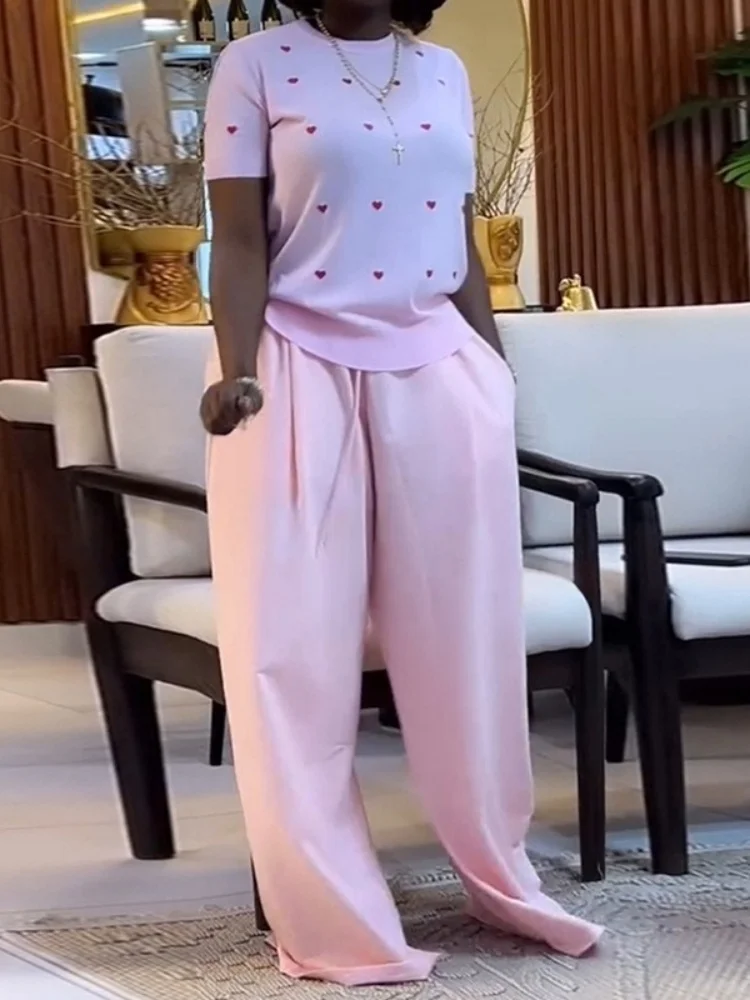 Wmstar 2 ชิ้นชุดชุดสตรีขายส่งฤดูร้อนใหม่หวานแฟชั่นรอบคอรูปหัวใจแขนสั้นขากว้างกางเกงยาว