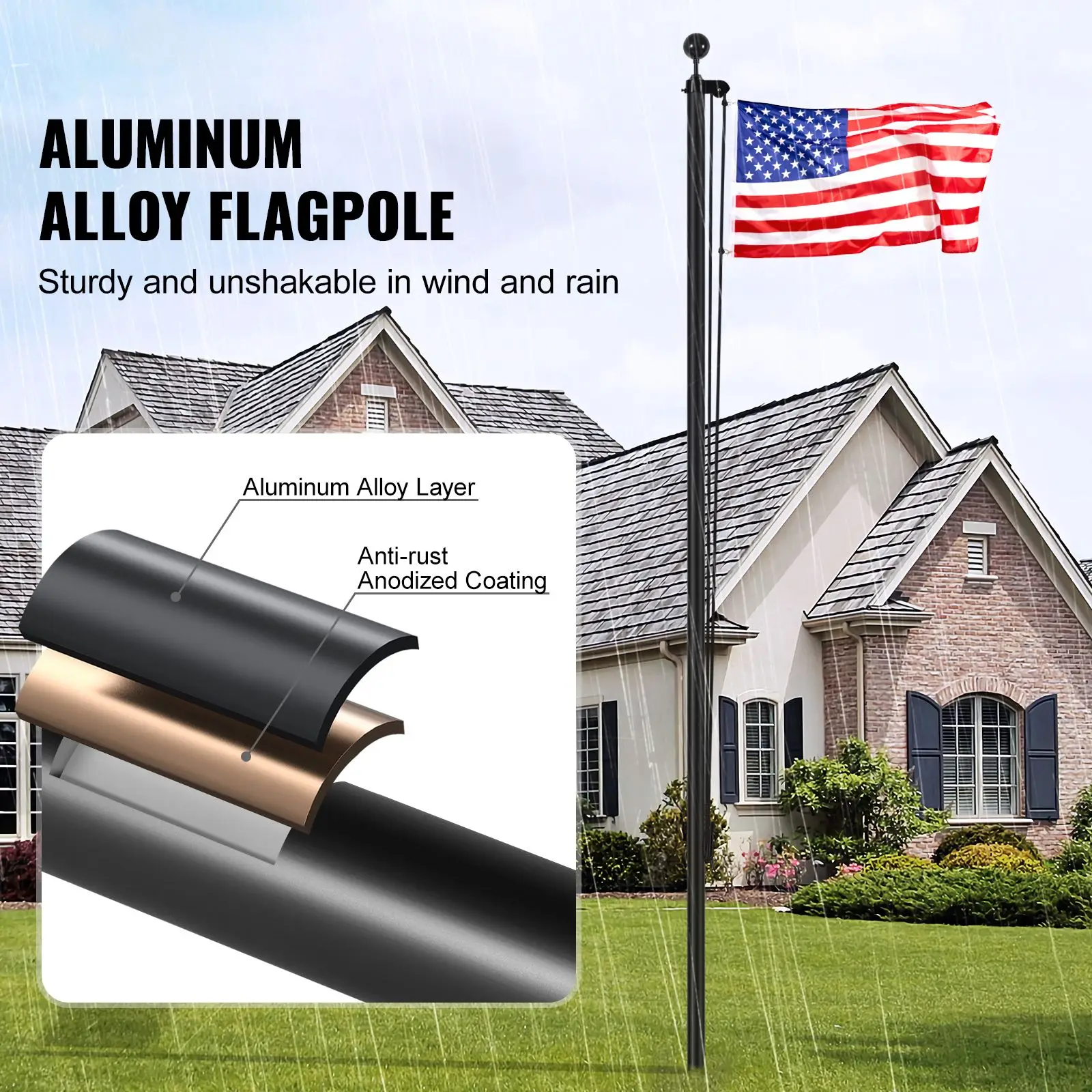 30FT Sectional Flag pole Kit, Heavy Duty Aluminum Alloy in Ground for Outside, 3 Display Modes Flagpole with 3x5 American
