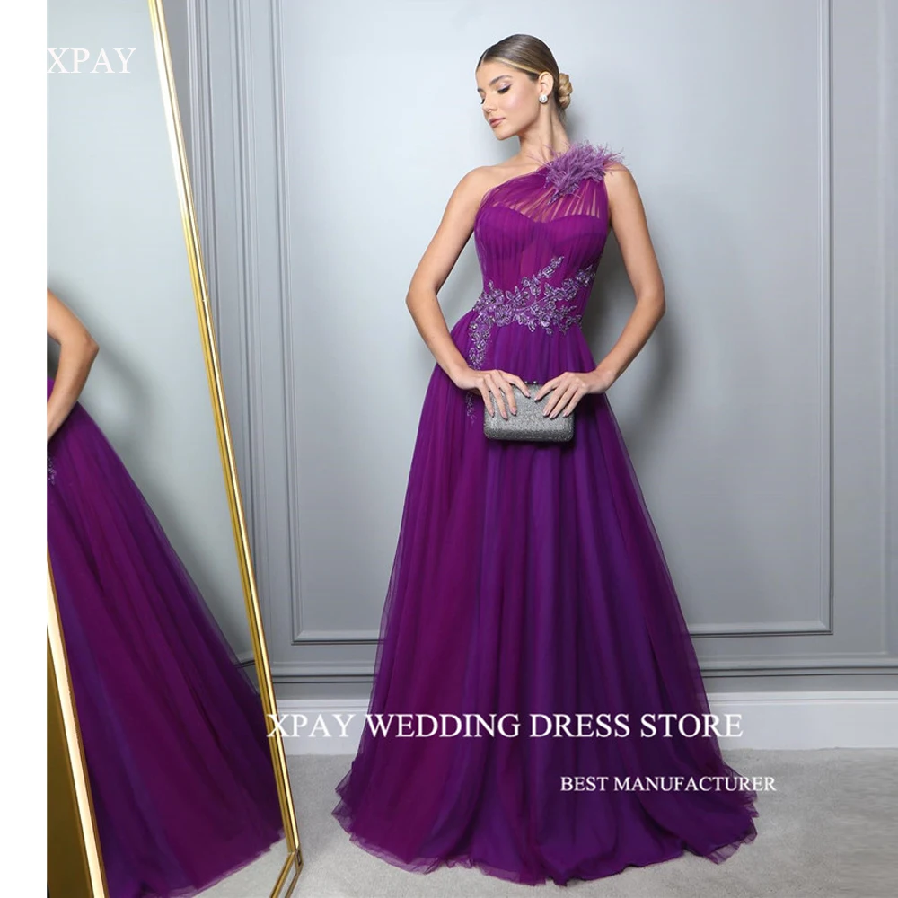 XPAY Purple Elegant Tulle Prom Dresses For Evening Party Feathers Applique Belt Formal Gowns Prom Dress Long Vestidos de fiesta