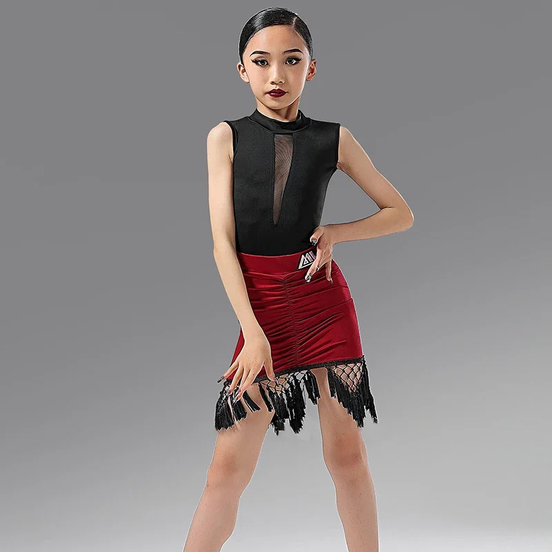 

New Latin Dance Professional Costumes For Girls Black Sleeveless Bodysuit Red Wrap Skirt Rumba Tango Performance Costume