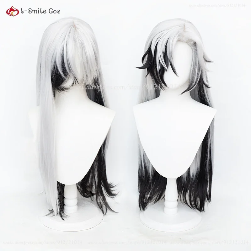 Game HSR Boothill Cosplay Wig 80cm Long Black White Wigs With Boothill Earrings Heat Resistance Synthetic Hair Halloween Wig