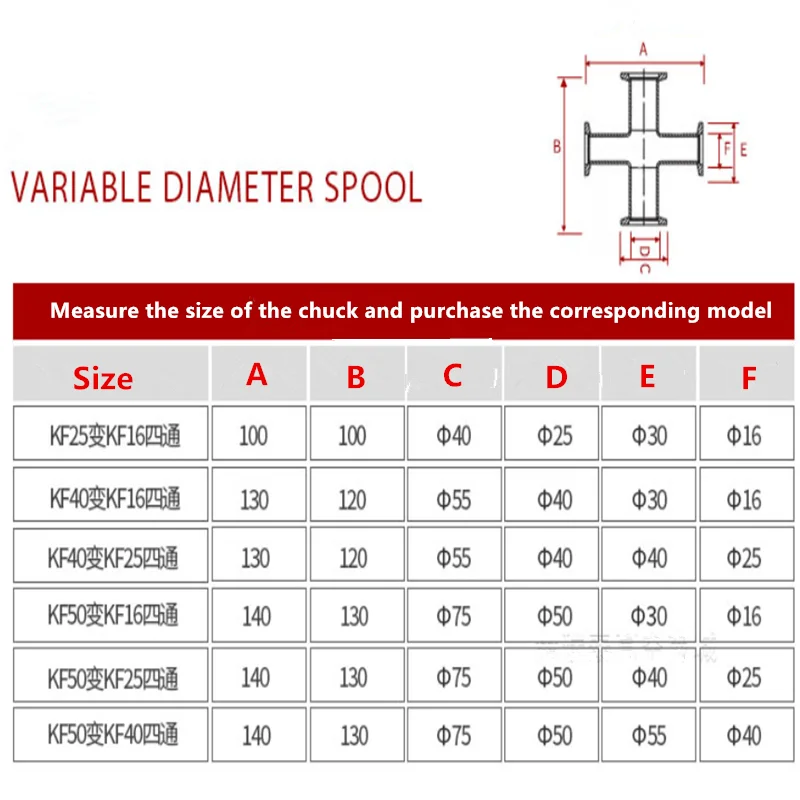 KF16 KF25 KF40 KF50 304 Stainless Steel Vacuum Quick Assembly Tee Variable Diameter Tee Flange Reducing Diameter