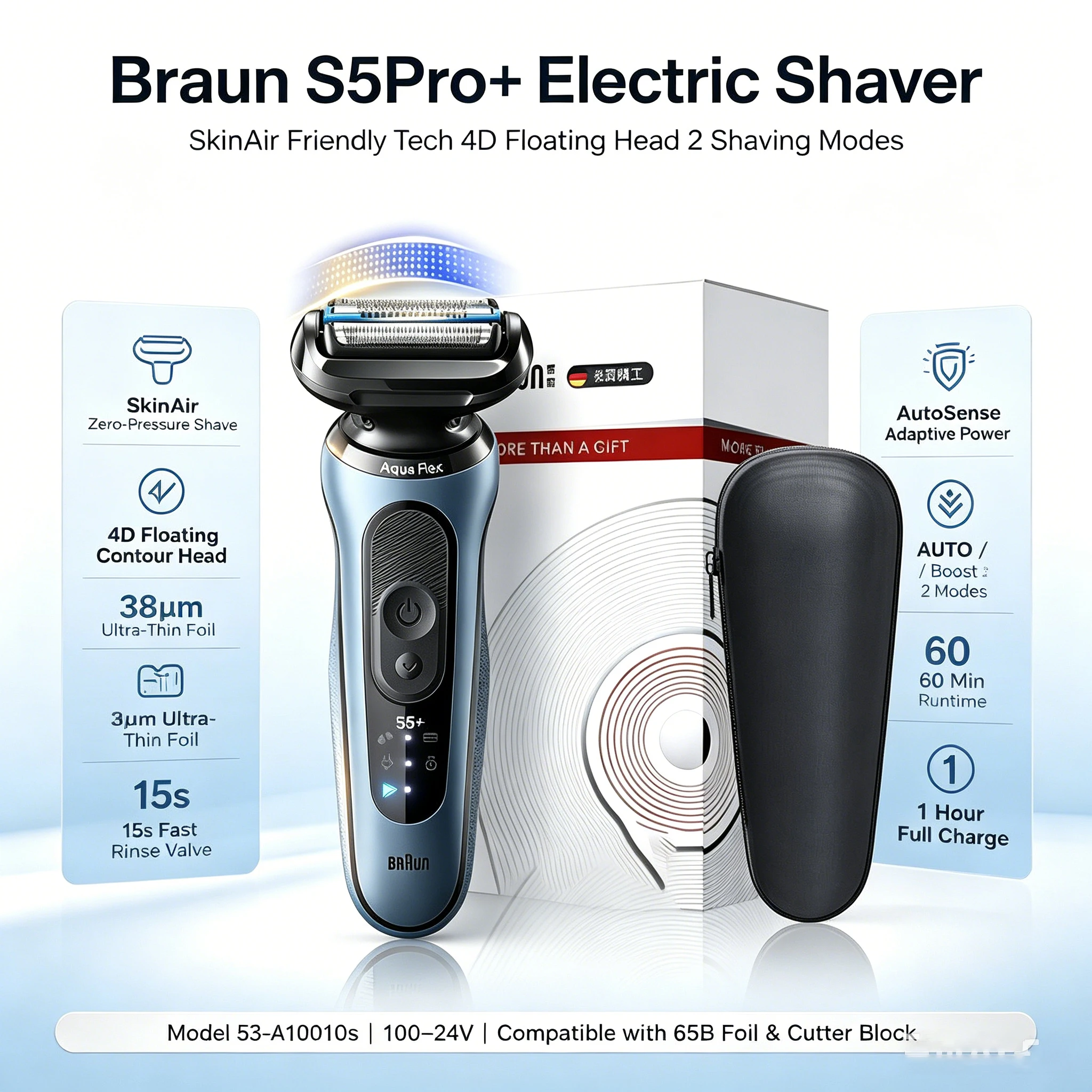 Braun S5Pro+ Electric Shaver SkinAir Ultra-Thin Foil AutoSense Adaptive Power 4D Contour Floating Wet Dry Shaving for Men