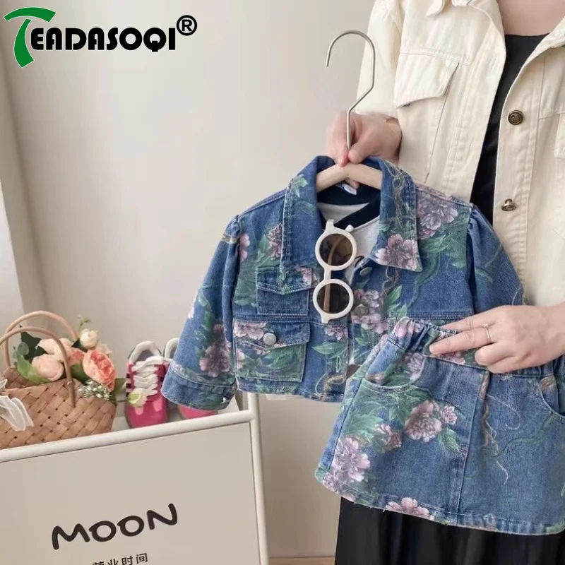 3-8Y Girls Baby Floral Pinted Denim Clothing Suit Jackets+Skirts Fashion Kids Children Flowers Jeans Autumn Clothes 2Pcs Set