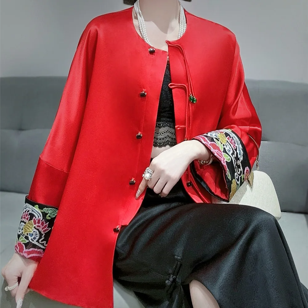 

High-end Satin Acetate Women Jacket Top Embroidery Flowers Tang Suit Elegant Lady Loose Coat Female S-XXL