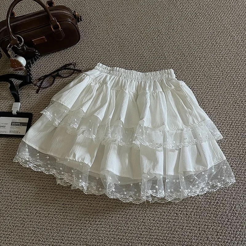 Women‘s Summer Balletcore Lace Tiered Skirt Elastic Waist A-Line Puffy Fluffy Layered Short Skirt with Safety Shorts Coquette