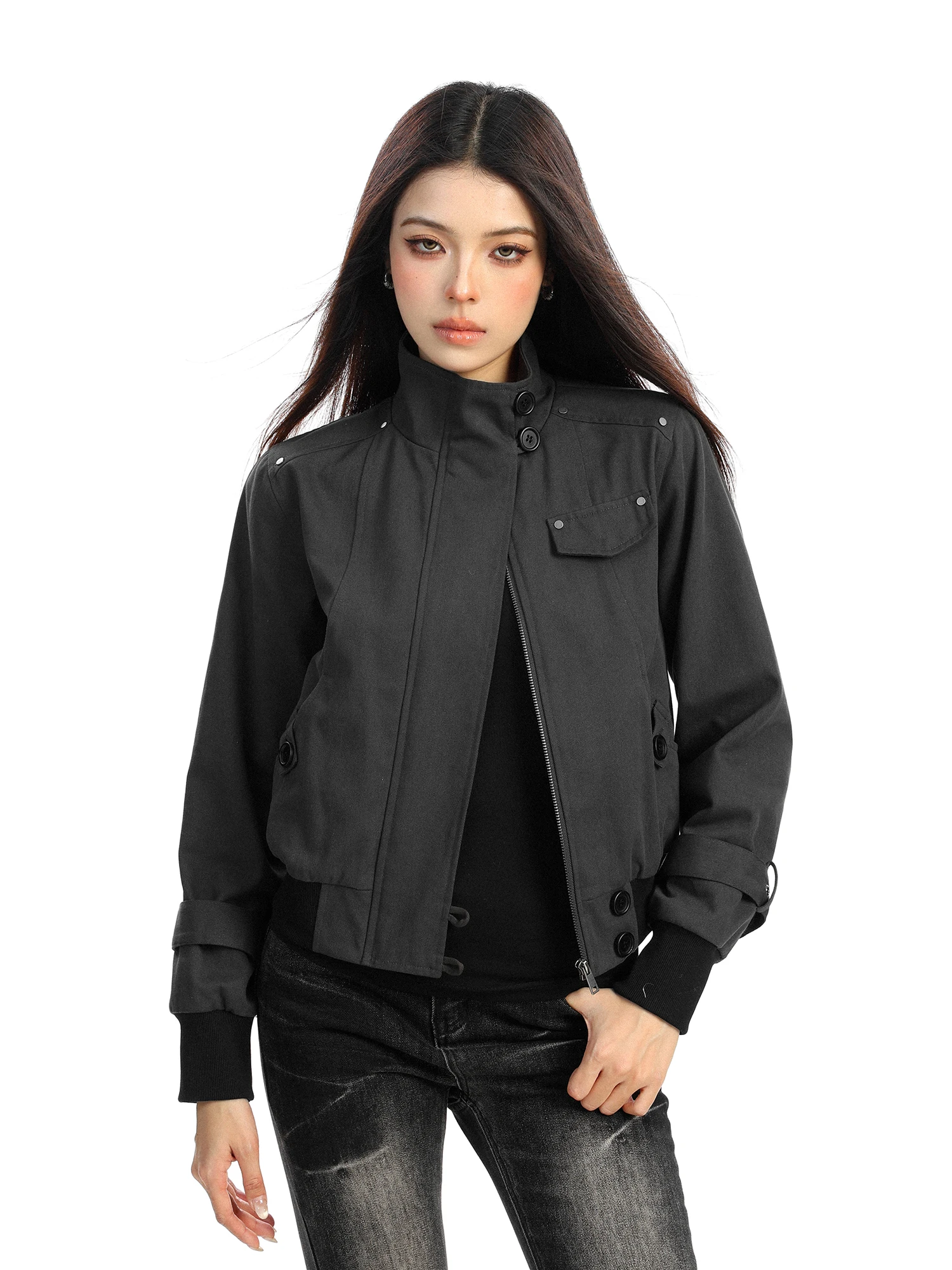

American Sle Women's ort Stand Collar Workwear Jaet Motorcycle Outerwear Casual Versatile Autumn Faion Trendy