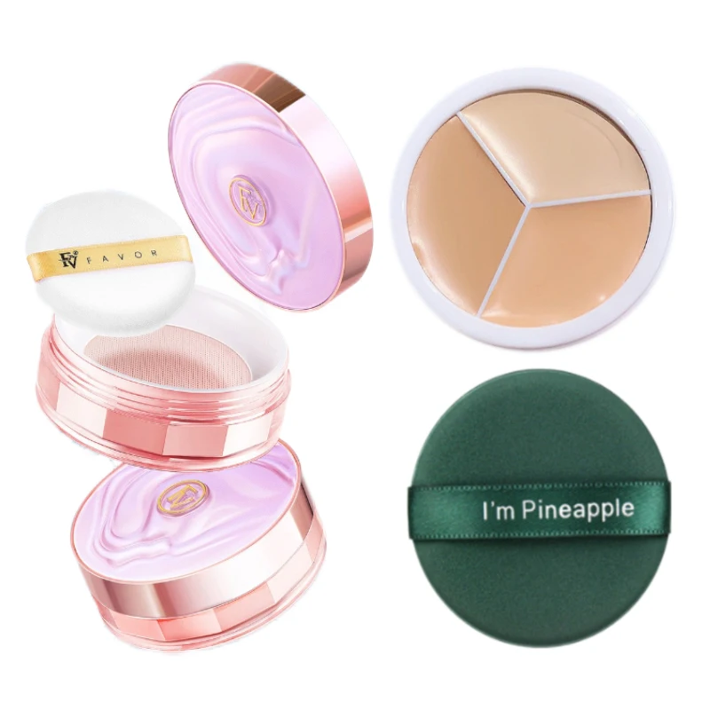 FV Loose Powder Set with Puff and 3 colors Foundation Waterproof Matte Setting Face Makeup Oil-control Professional Cosmetics