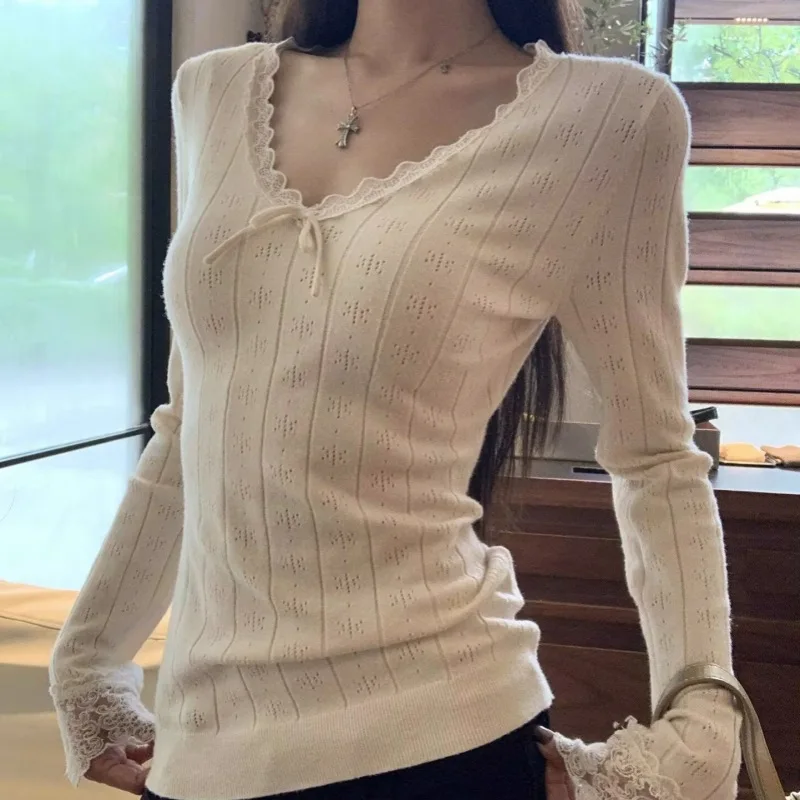 

Вязаный свитер для женщин, ранняя осень, атмосферная одежда, кружевной топ, свитер с длинными рукавами в корейском стиле