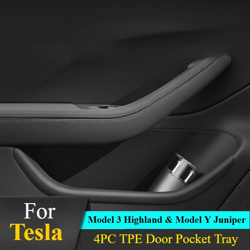 

For Tesla Model 3 Highland & Model Y Juniper: 4PC TPE Door Pocket Tray - Drop-In, Waterproof & Non-Slip