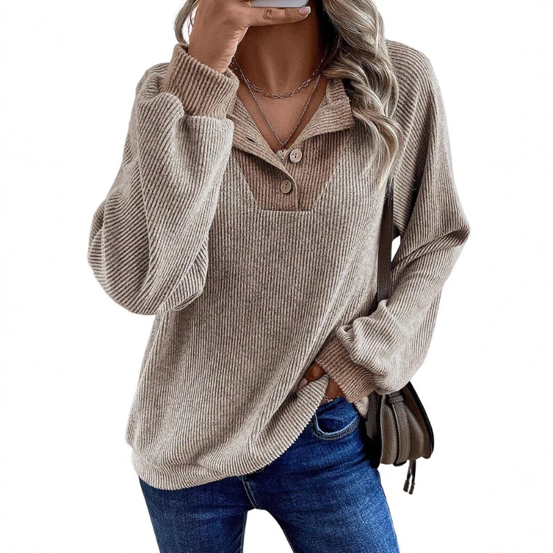 Casual Loose Long-sleeved Blouse 2025 Autumn and Winter Color Matching Pullover Women's Sweater 5