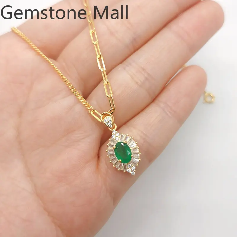 925 Sterling Silver 100% Natural Emerald Pendant for Party 0.6ct 5mm*7mm Emerald Silver Pendant with 3 Layers 18K Gold Plating