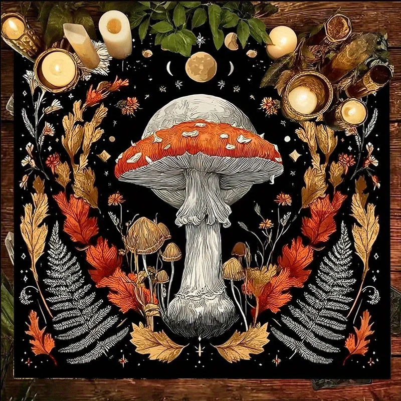 Boho Mushroom Forest Tapestry Black Background Autumn Woodland Fairy Garden Wall Decor Bohemian Macrame Art