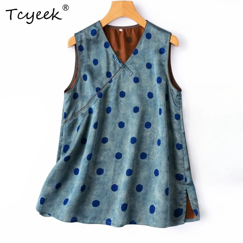 

Tcyeek 100% Real Mulberry Silk Tanks Top 2026 Summer Cool Chinese-style Breathable V-neck Vest Clothes for Woman Roupas Feminina