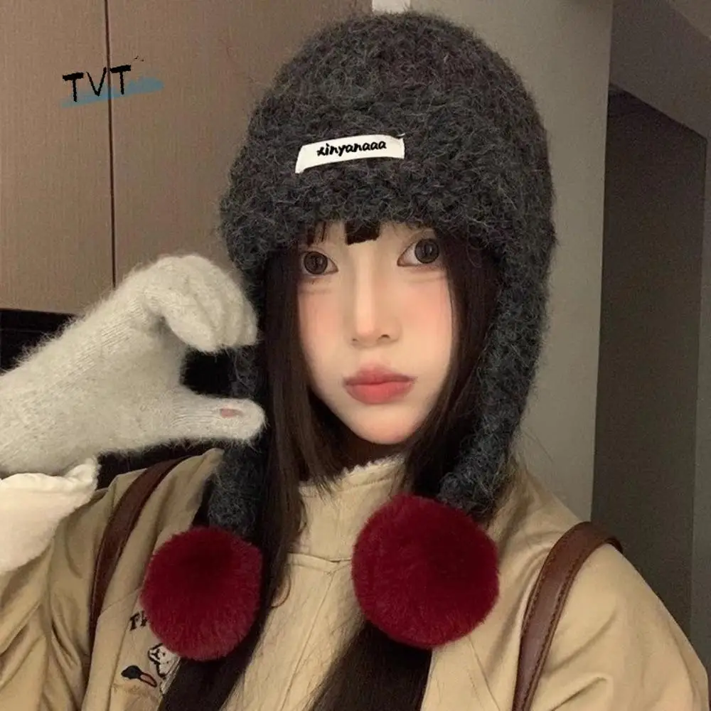 

Cute Autumu Winter Women Knitted Cap Fluffy Pom-pom Y2k Warm Beanie Hats Sweet Versatile Ear Protection Caps Girls