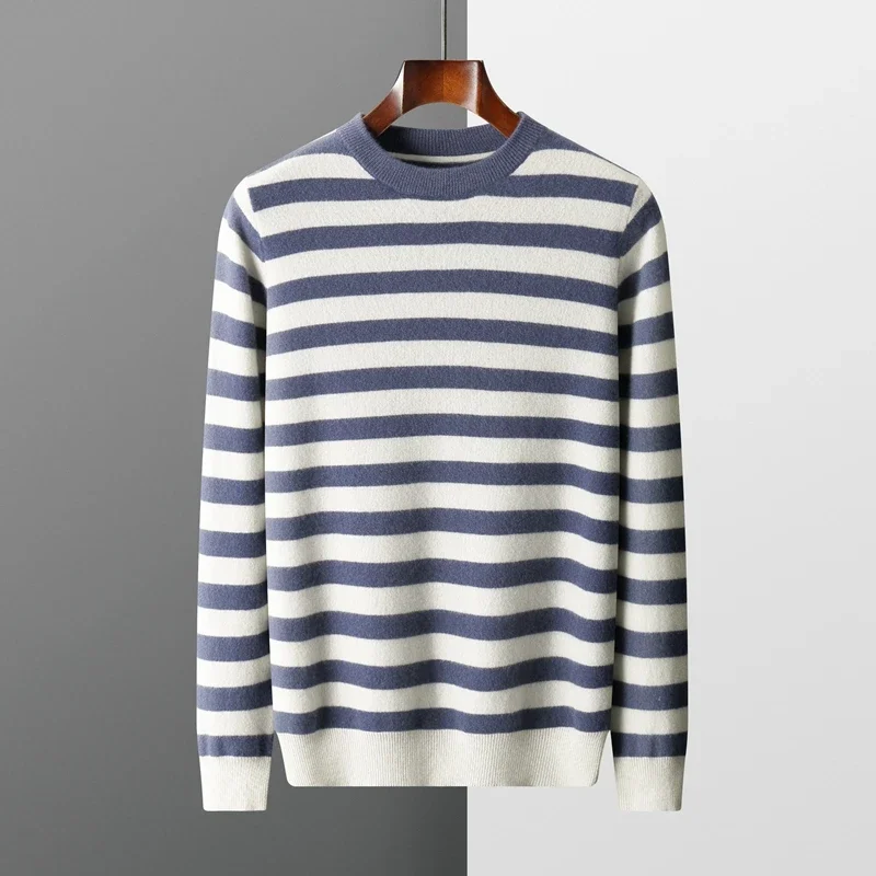 ANGEL Men's O-neck Striped Wool Pullover Basic Casual Long Sleeve Cashmere Sweater  Autumn Winter 100% Merino Wool Knitwear Tops