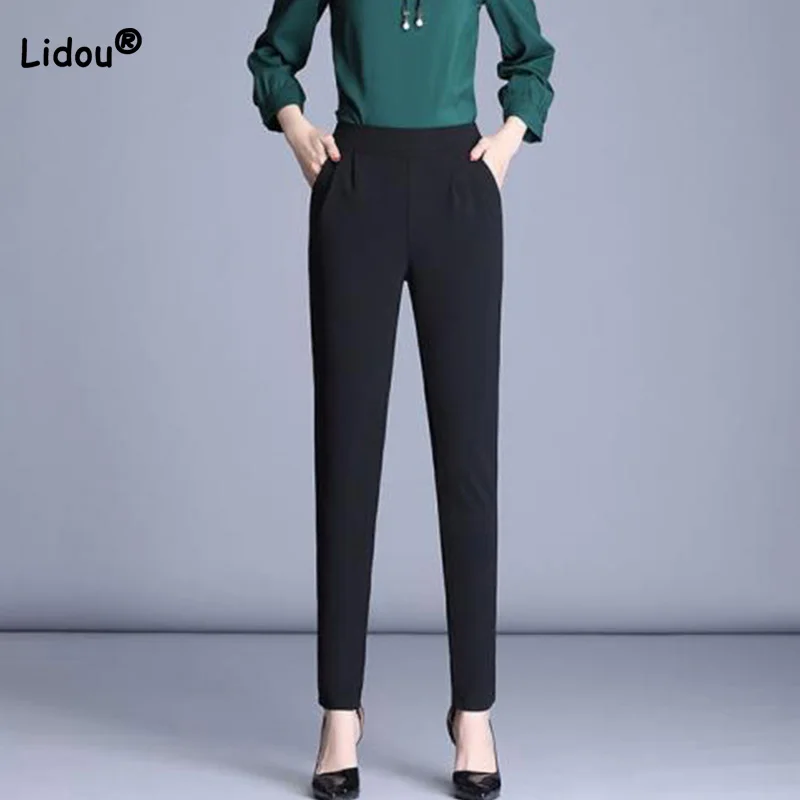 All-match Black Elastic Higt Waist Straight Trousers Female Spring Summer Office Lady Pockets Aesthetic Nine Points Suit Pants