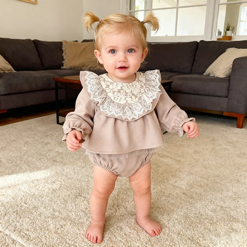 

0-2Y Spring Autumn Newborn Baby Girl Bodysuit Double Layers Lace Romper Long Sleeve Baby Romper Dress Of Toddler Girl Clothing