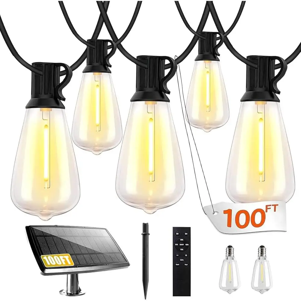 100FT Solar String Lights Outdoor Waterproof With Remote Control 30 Dimmable Edison Bulbs USB Charging 4 Lighting Modes Weather